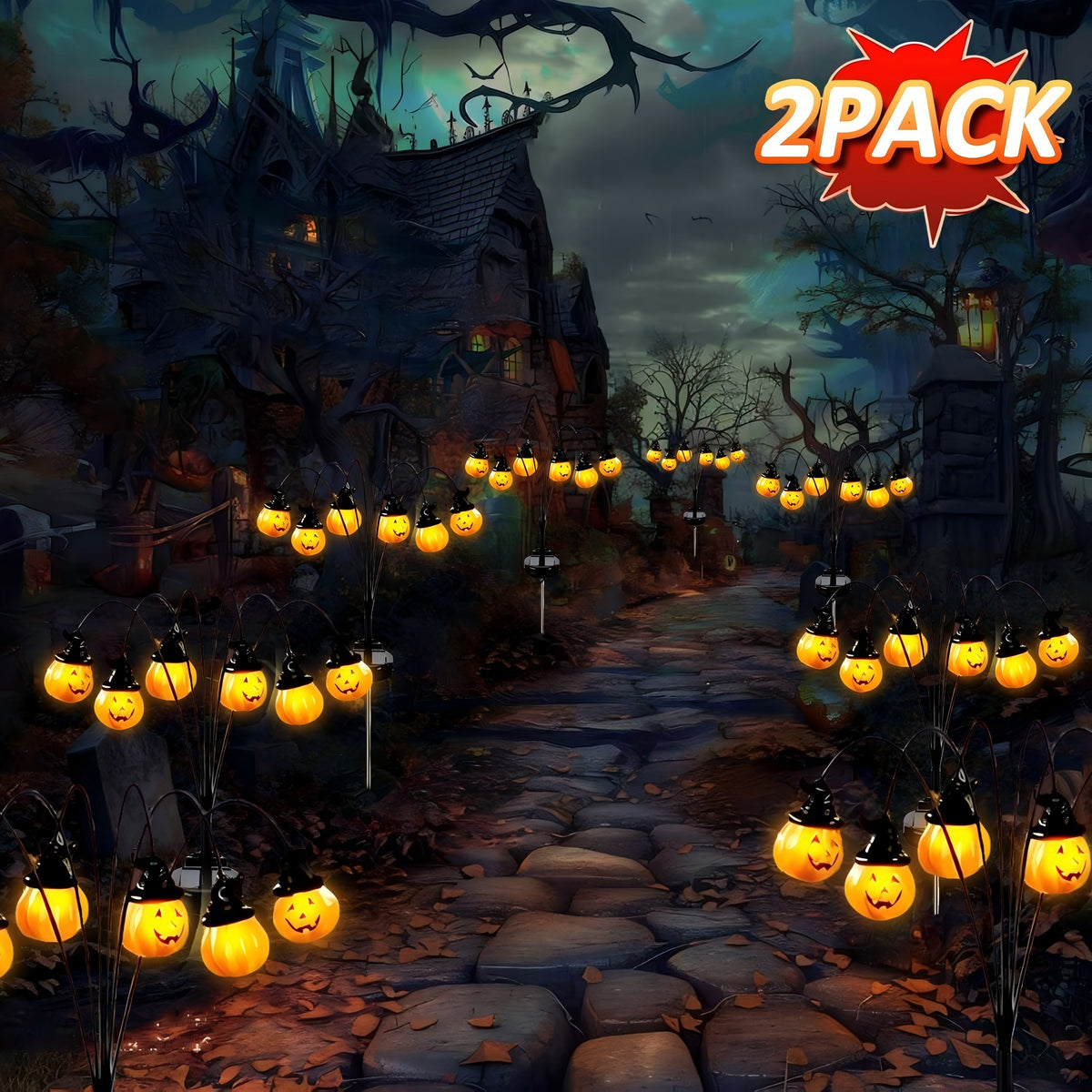 ZOEYKIMLO Halloween Solar Light 2 Pack, Pumpkin Stake Lights Orange Jack-O-Lantern Solar Decorative Pathway Lights 2 Modes For Garden Lawn Yard Patio
