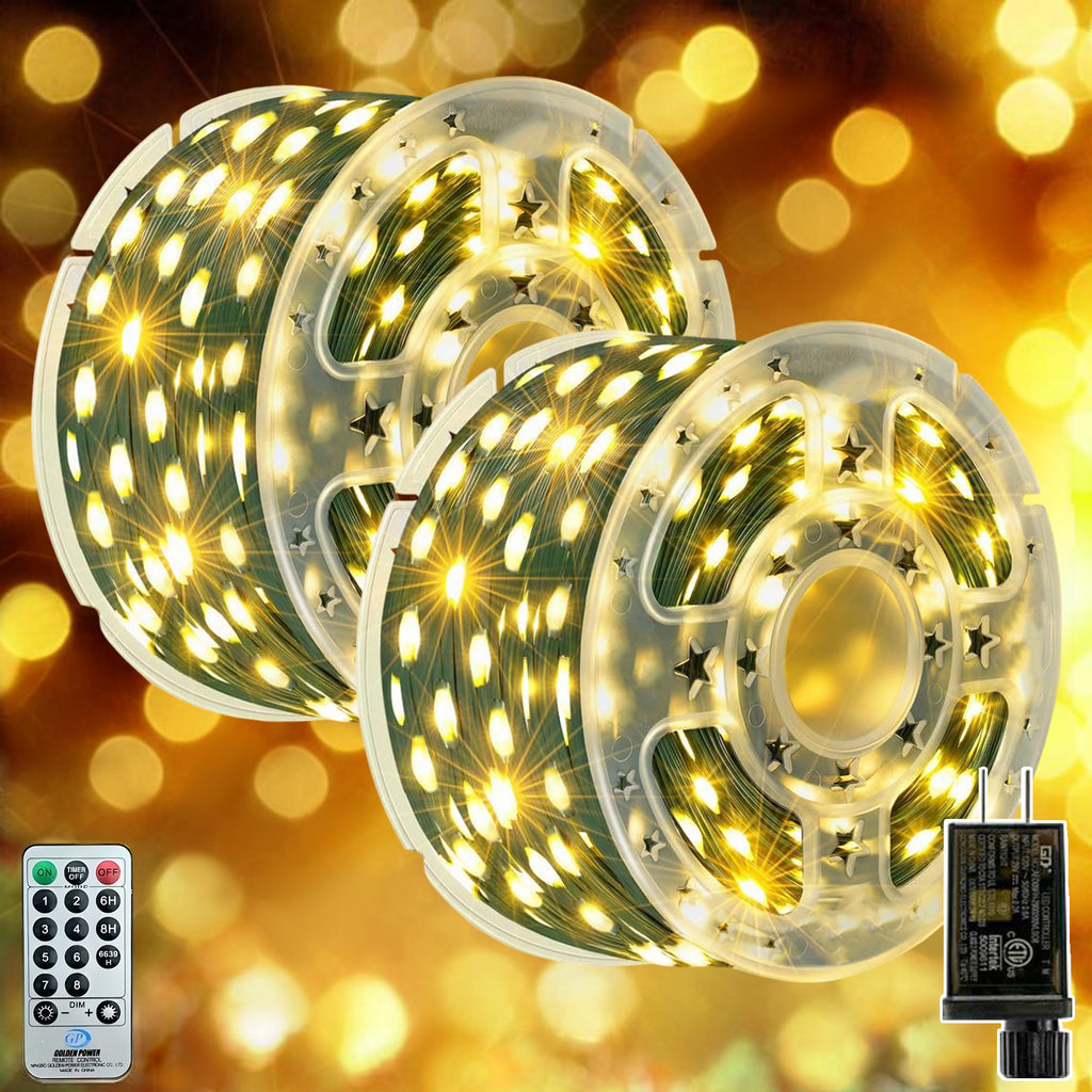 AVOXEZOR Christmas Lights Outdoor, 207FT 600 LED IP67 Waterproof Christmas Tree Lights with 8 Modes Remote Timer for Indoor House Pation Outdoor Xmas Decorations, Warm White, 2PACK