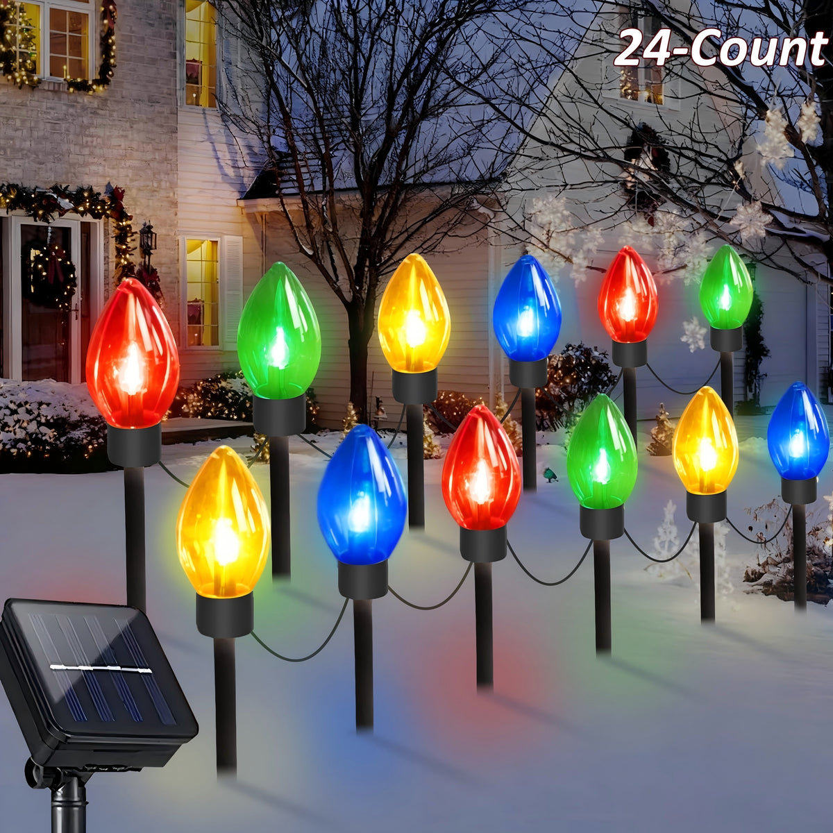 PMMIPNW Upgrade Christmas Pathway C9 String Lights Outdoor, 25 Ft with 12 Large Bulbs Stakes, Waterproof for Xmas Party Holiday Commercial Outdoor Decoration, 2Pack