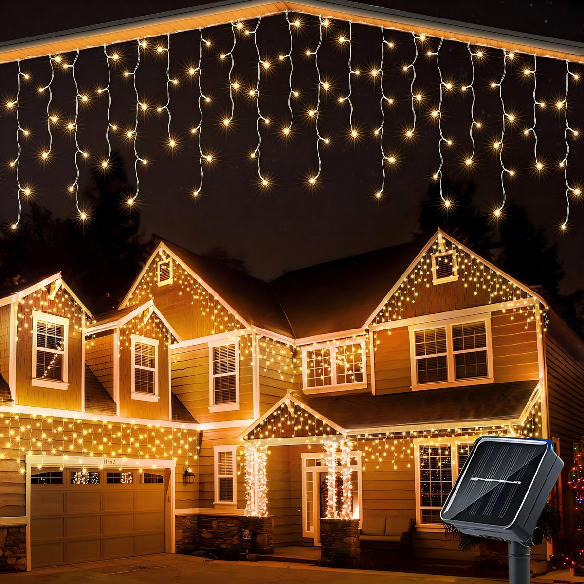 AVOXEZOR 25FT Christmas Light 96LED, Solar Icicle Lights for Outside, Curtain Icicle Lights, Christmas String Lights for House Yard Garden Xmas Decor, Warm White, 2Pack