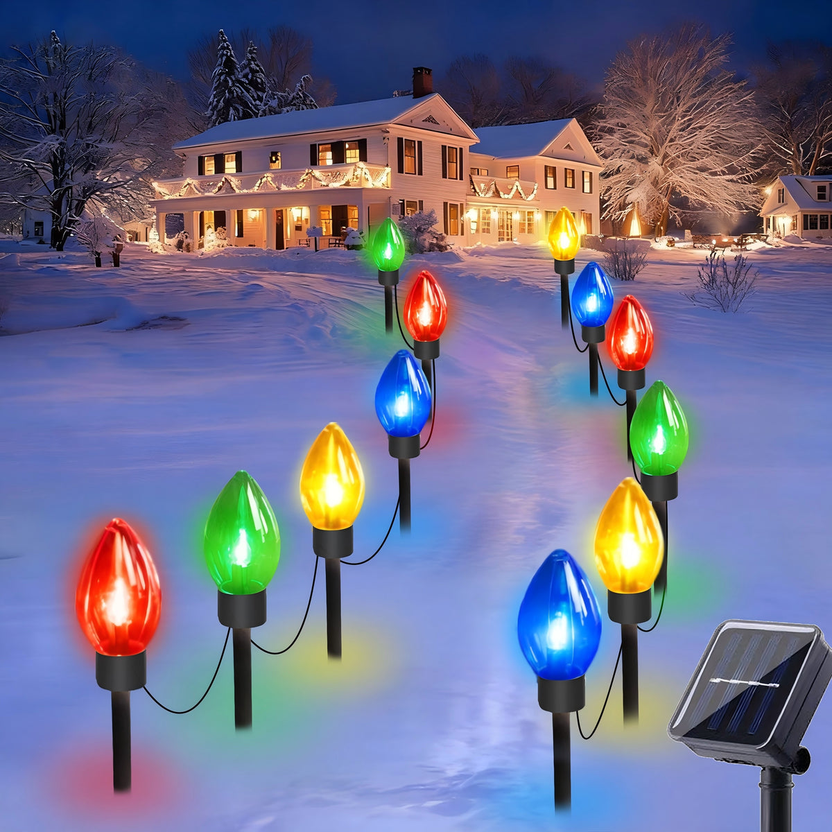 AVOXEZOR Christmas Light, C9 Solar Outdoor Christmas Decoration Lights 12LED with Big Bulbs, Waterproof Christmas String Light Ground Plug Lights for Patio Garden Lawn, 2Pack