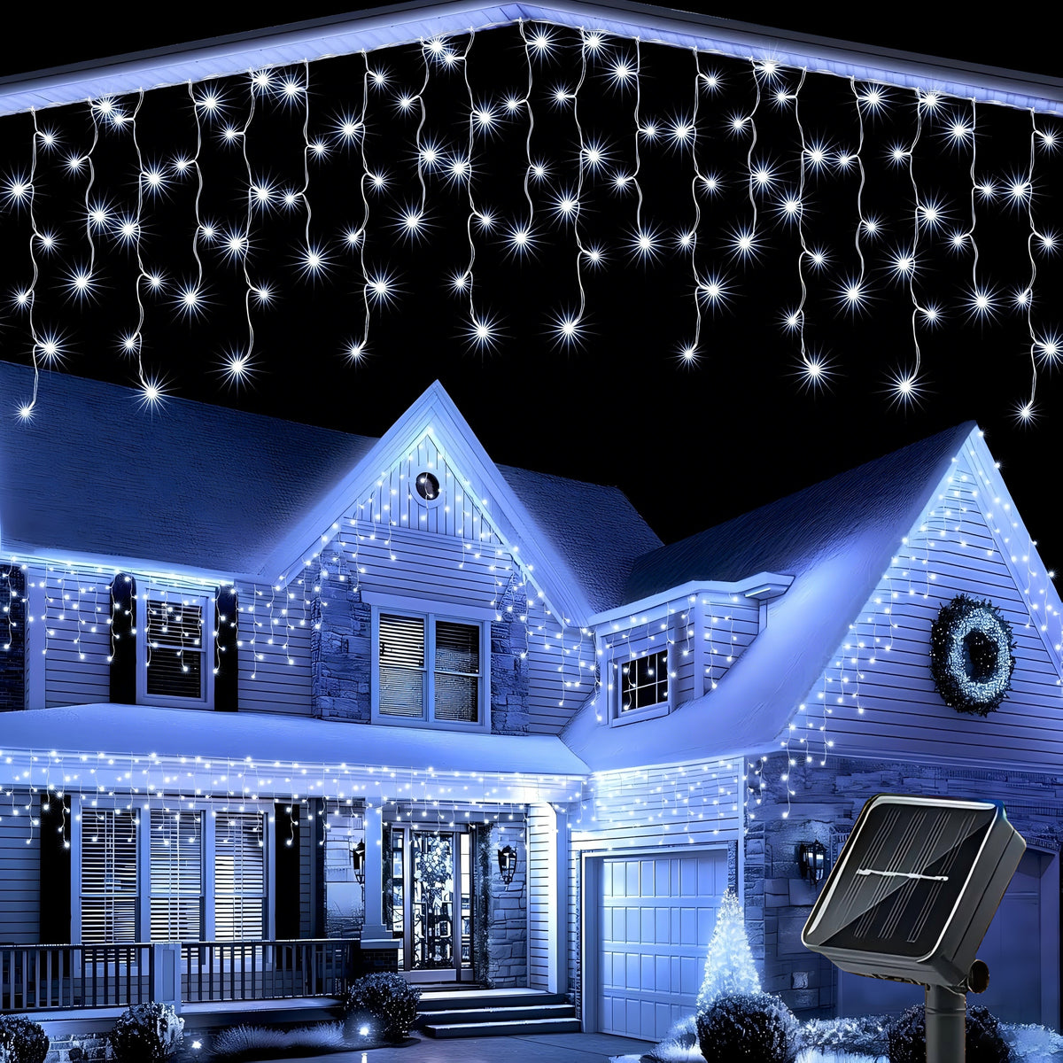AVOXEZOR 25FT Christmas Light 96LED, Solar Icicle Lights for Outside, Curtain Icicle Lights, Christmas String Lights for House Yard Garden Xmas Decor, White, 2Pack