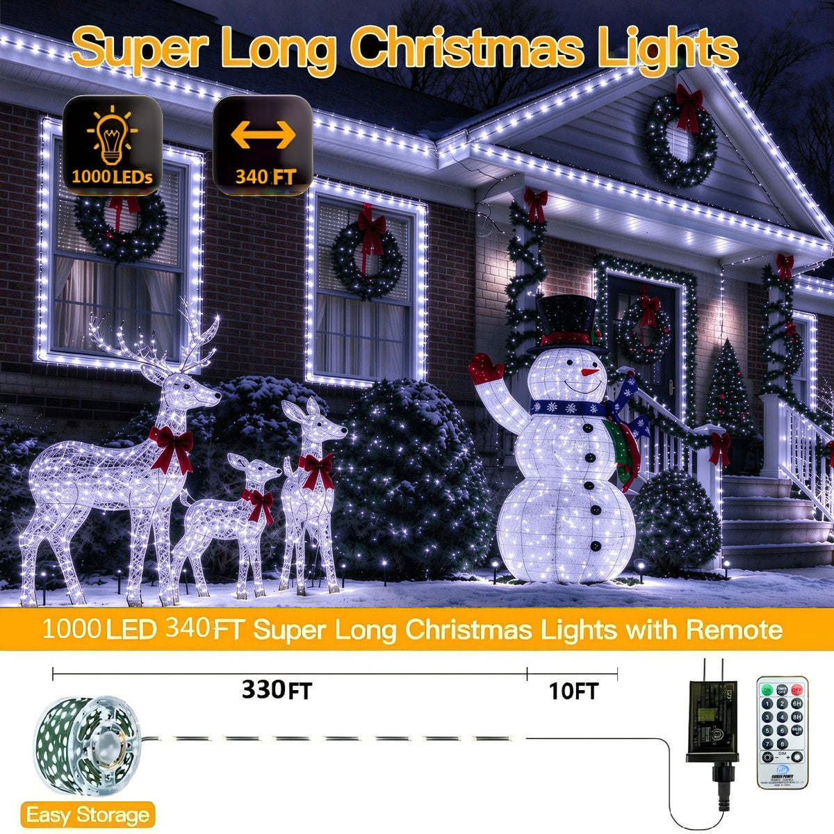 AVOXEZOR Christmas Lights Outdoor, 340FT 1000 LED IP67 Waterproof Christmas Tree Lights with 8 Modes Remote Timer for Indoor House Pation Outdoor Xmas Decorations, Cool White