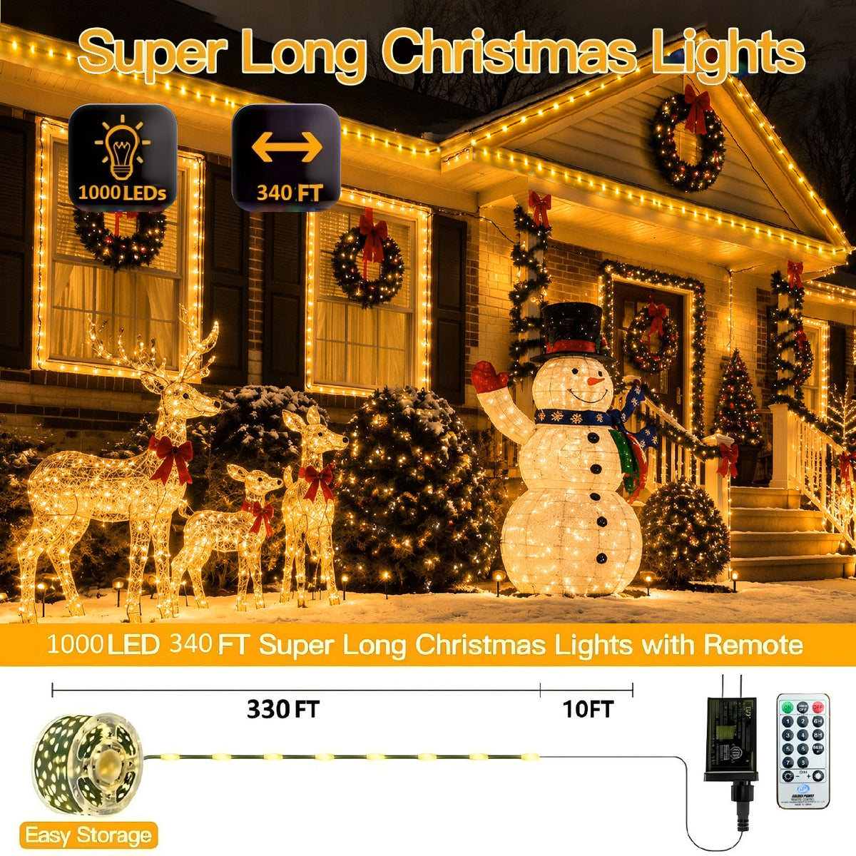 AVOXEZOR Christmas Lights Outdoor, 340FT 1000 LED IP67 Waterproof Christmas Tree Lights with 8 Modes Remote Timer for Indoor House Pation Outdoor Xmas Decorations, Warm White