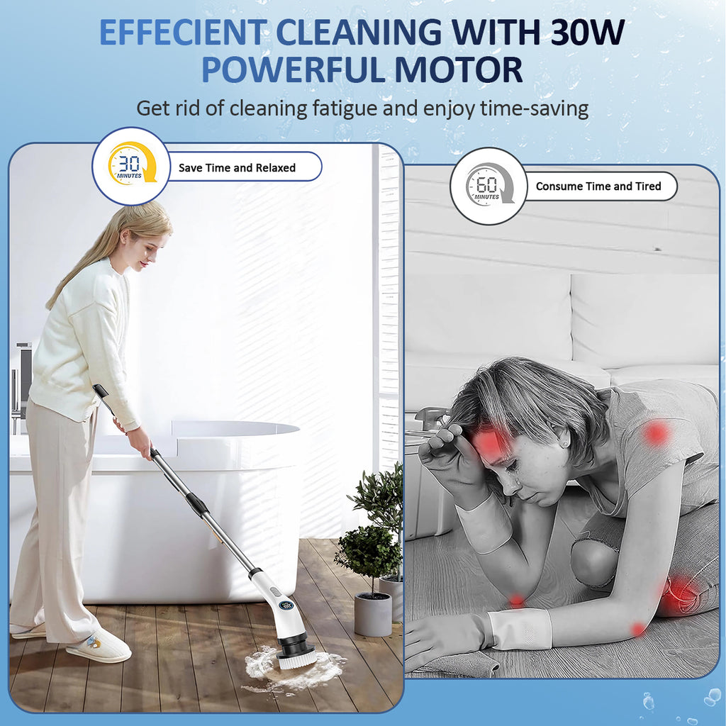 AVOXEZOR Electric Spin Scrubber, Cordless 2-Speed Cleaning Brush with Adjustable Extension Handle, 7 Replaceable Brush Heads, Black, New