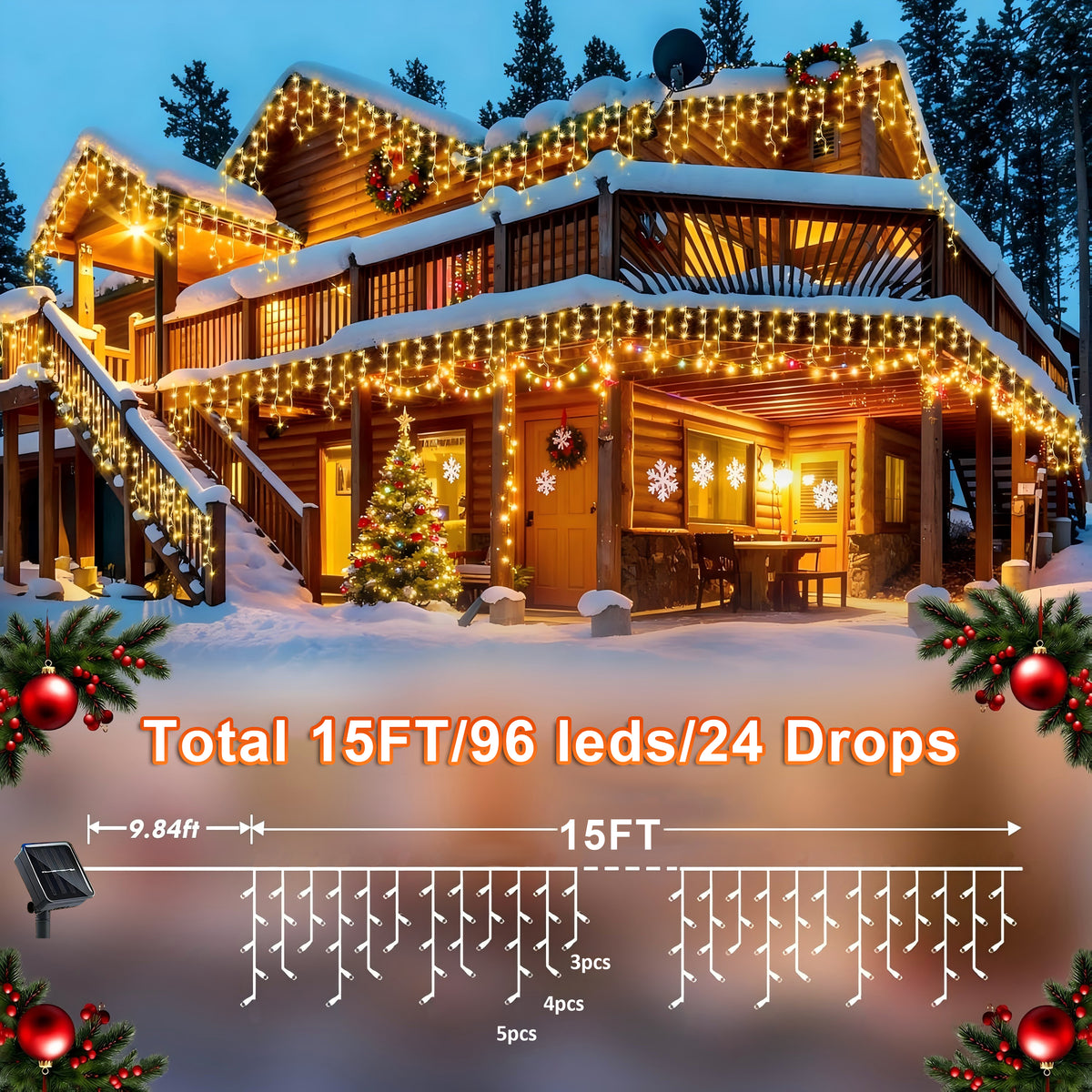 AVOXEZOR 25FT Christmas Light 96LED, Solar Icicle Lights for Outside, Curtain Icicle Lights, Christmas String Lights for House Yard Garden Xmas Decor, Warm White, 2Pack