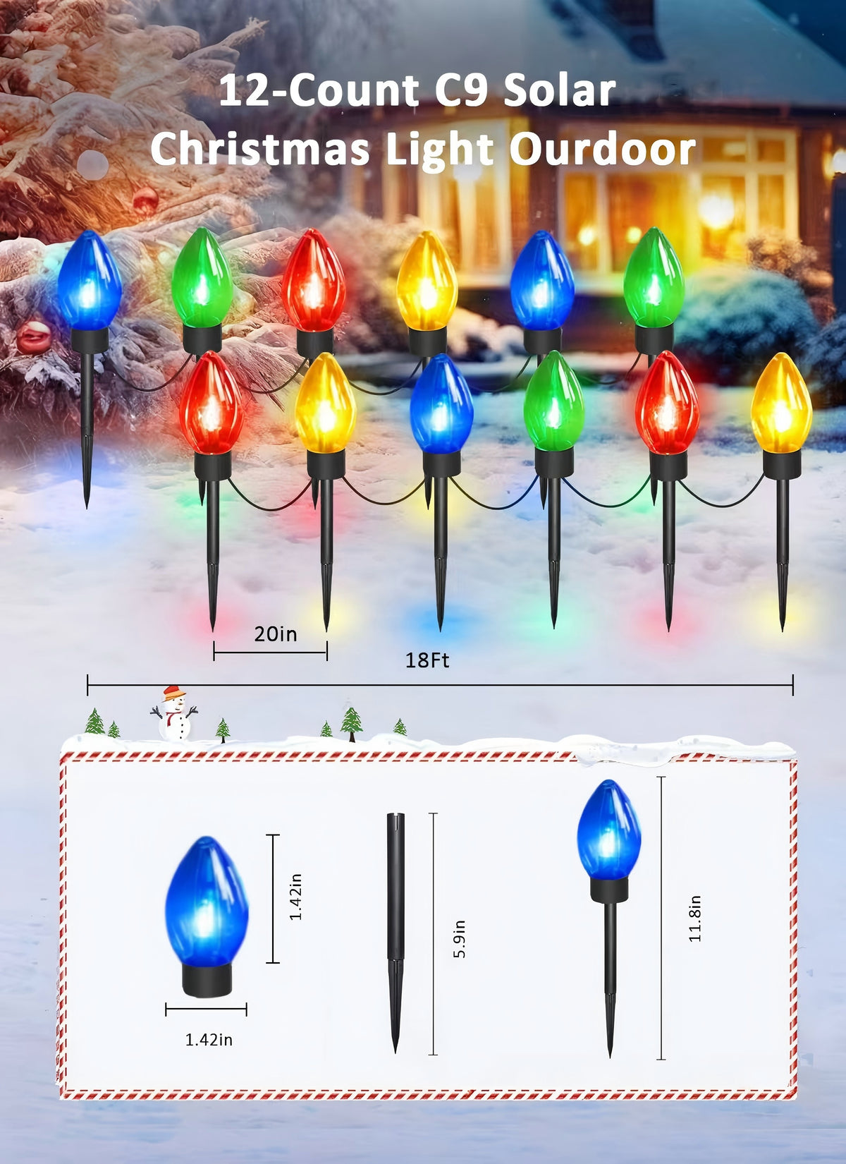 PMMIPNW Upgrade Christmas Pathway C9 String Lights Outdoor, 25 Ft with 12 Large Bulbs Stakes, Waterproof for Xmas Party Holiday Commercial Outdoor Decoration