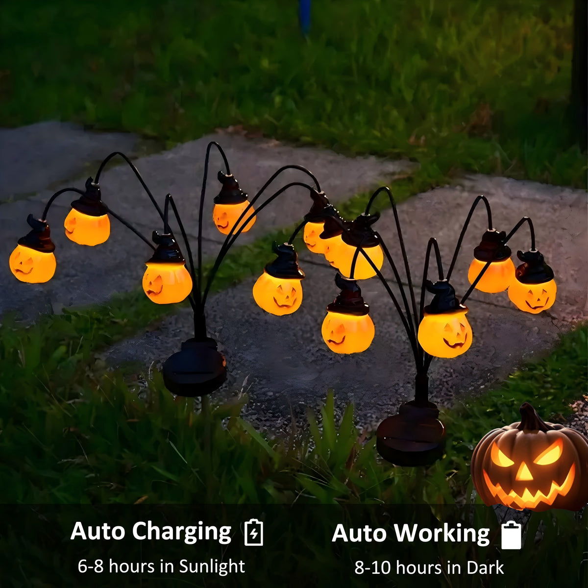 PMMIPNW Halloween Solar Light 2 Pack, Pumpkin Stake Lights Orange Jack-O-Lantern Solar Decorative Pathway Lights 2 Modes For Garden Lawn Yard Patio