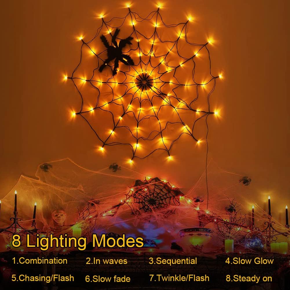 PMMIPNW Halloween Light Spider Web Lights 70 LED, Halloween String Lights Battery Operated with 8 Modes, Retro Haunted for Bedroom, Bar, Haunted House, Wall Halloween Decoration, Orange