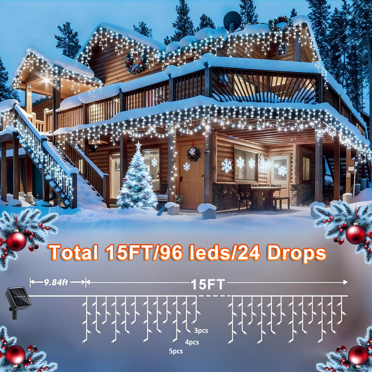 AVOXEZOR 25FT Christmas Light 96LED, Solar Icicle Lights for Outside, Curtain Icicle Lights, Christmas String Lights for House Yard Garden Xmas Decor, White, 2Pack