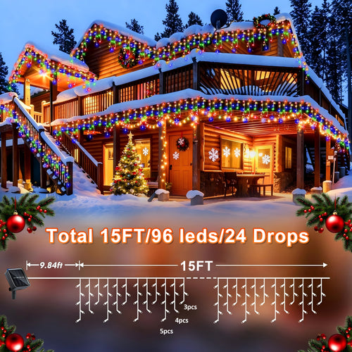 AVOXEZOR 25FT Christmas Light 96LED, Solar Icicle Lights for Outside, Curtain Icicle Lights, Christmas String Lights for House Yard Garden Xmas Decor, Multicolor, 2Pack