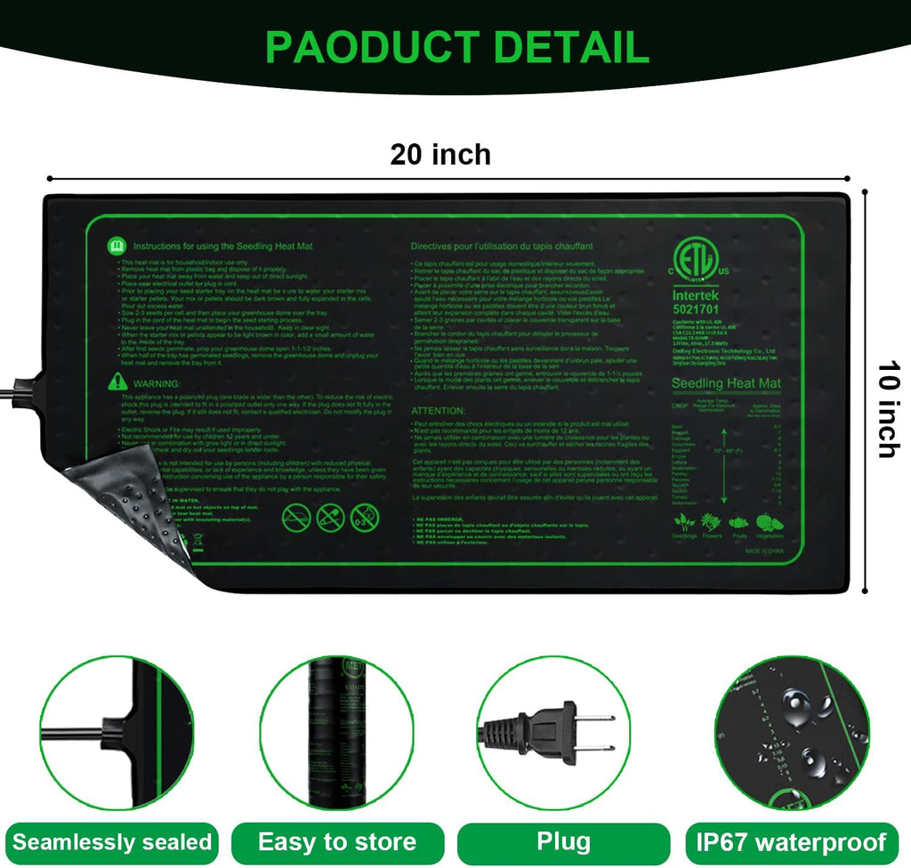 PMMIPNW Seedling Heat Mat 10" x 20.75", Waterproof Warm Hydroponic Heating Pad for Seed Starting, Greenhouse, Germination, 2 Pack