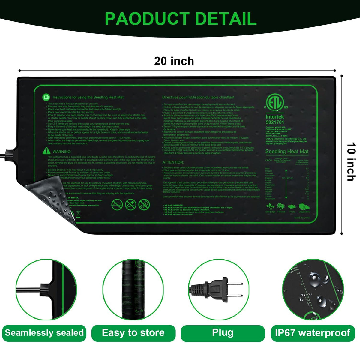 PMMIPNW Seedling Heat Mat 10" x 20.75", Waterproof Warm Hydroponic Heating Pad for Seed Starting, Greenhouse, Germination, 2 Pack