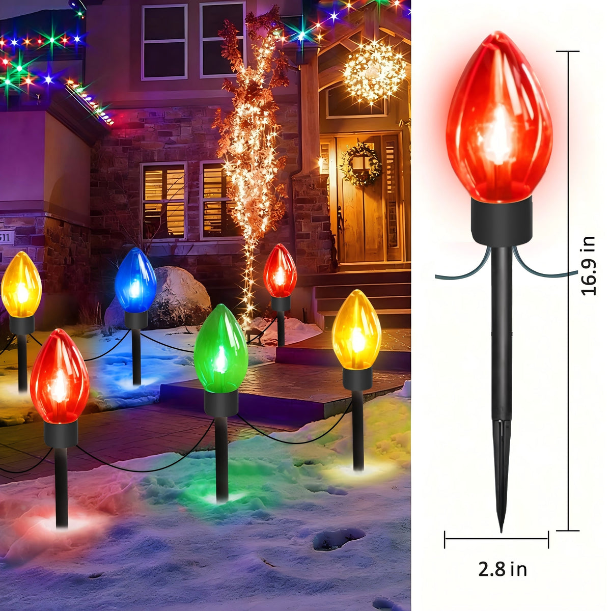 AVOXEZOR Christmas Light, C9 Solar Outdoor Christmas Decoration Lights 12LED with Big Bulbs, Waterproof Christmas String Light Ground Plug Lights for Patio Garden Lawn, 2Pack