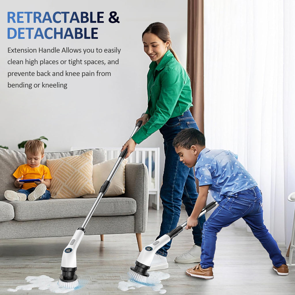 AVOXEZOR Electric Spin Scrubber, Cordless 2-Speed Cleaning Brush with Adjustable Extension Handle, 7 Replaceable Brush Heads, Black, New