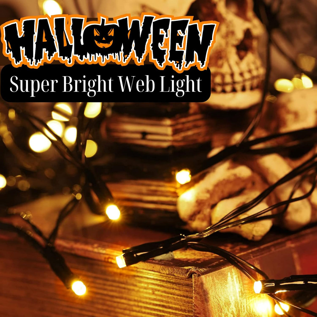 PMMIPNW Halloween Light Spider Web Lights 70 LED, Halloween String Lights Battery Operated with 8 Modes, Retro Haunted for Bedroom, Bar, Haunted House, Wall Halloween Decoration, Orange