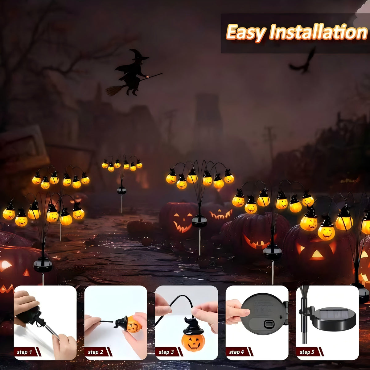 PMMIPNW Halloween Solar Light 2 Pack, Pumpkin Stake Lights Orange Jack-O-Lantern Solar Decorative Pathway Lights 2 Modes For Garden Lawn Yard Patio