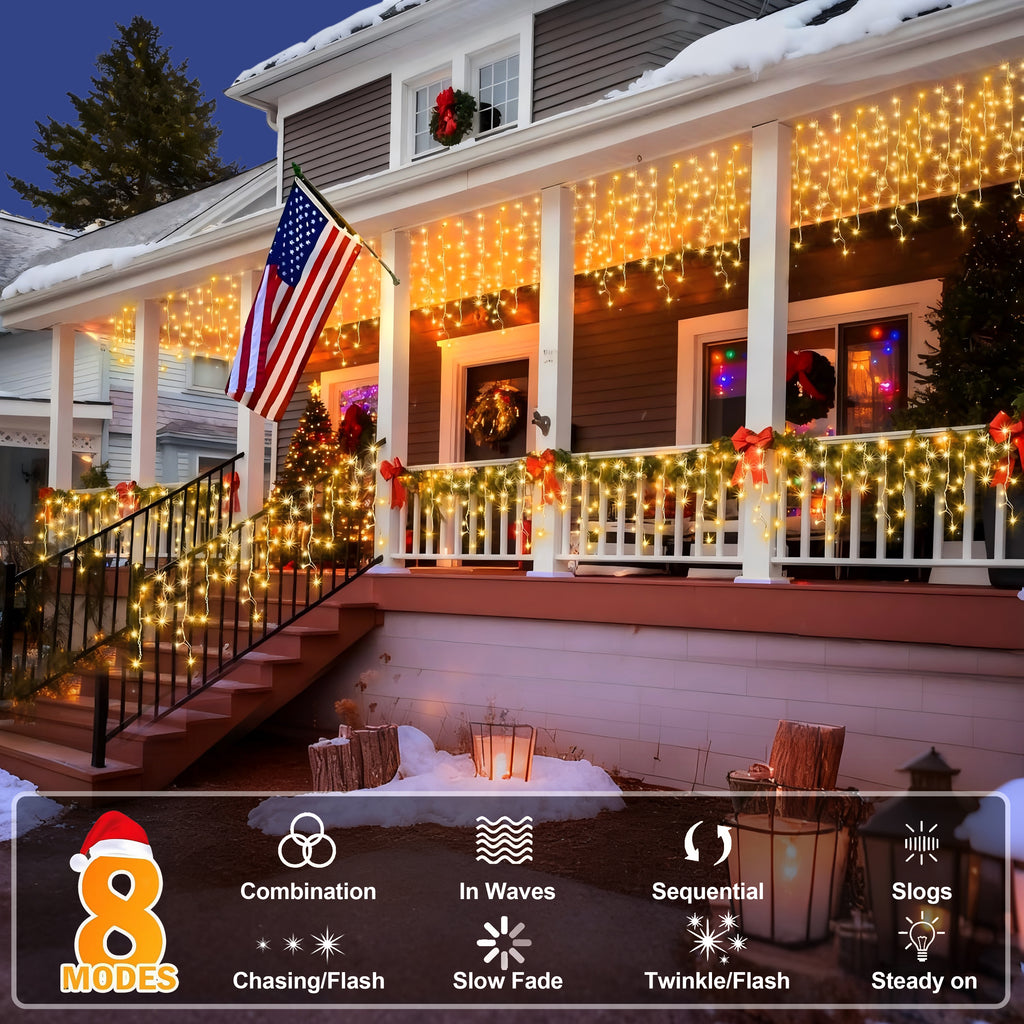 AVOXEZOR 25FT Christmas Light 96LED, Solar Icicle Lights for Outside, Curtain Icicle Lights, Christmas String Lights for House Yard Garden Xmas Decor, Warm White, 2Pack