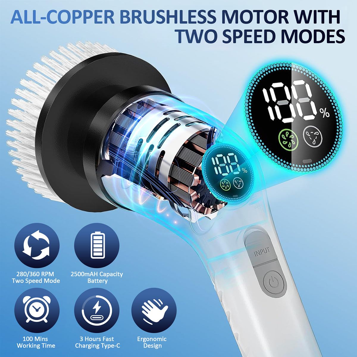 AVOXEZOR Electric Spin Scrubber, Cordless 2-Speed Cleaning Brush with Adjustable Extension Handle, 7 Replaceable Brush Heads, Black, New