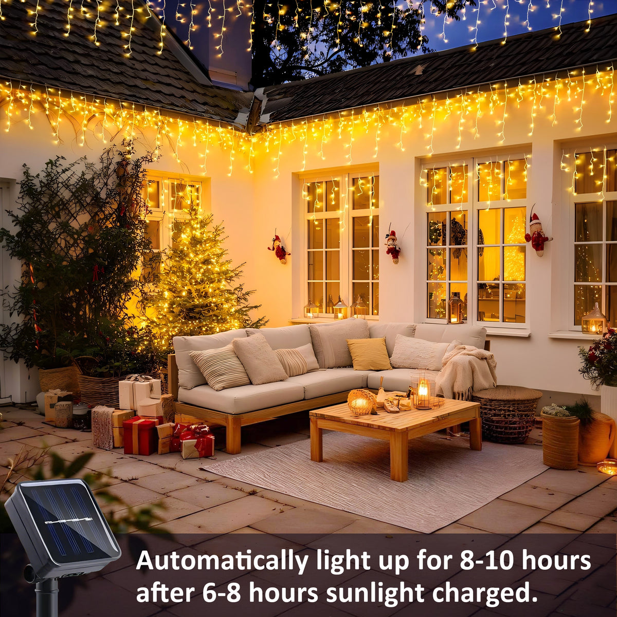 AVOXEZOR 25FT Christmas Light 96LED, Solar Icicle Lights for Outside, Curtain Icicle Lights, Christmas String Lights for House Yard Garden Xmas Decor, Warm White, 2Pack