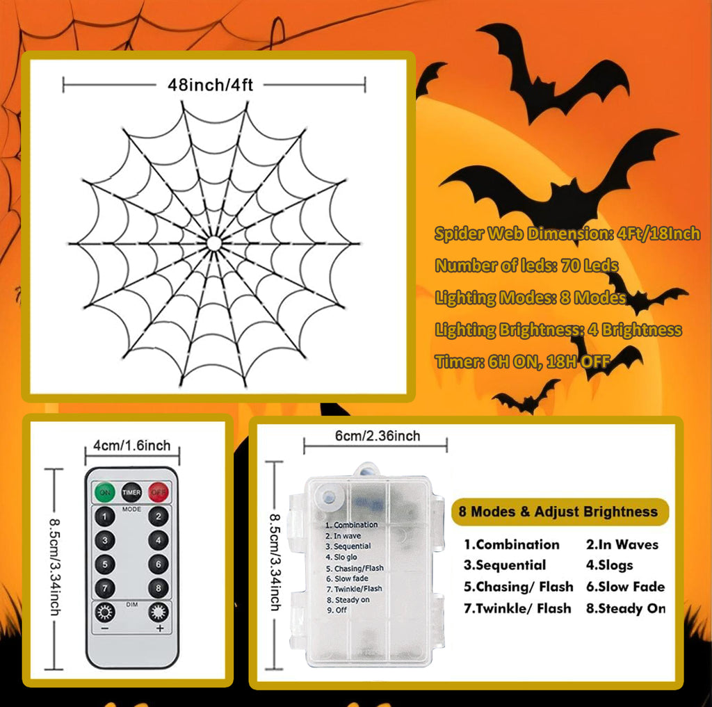 PMMIPNW Halloween Light Spider Web Lights 70 LED, Halloween String Lights Battery Operated with 8 Modes, Retro Haunted for Bedroom, Bar, Haunted House, Wall Halloween Decoration, Orange