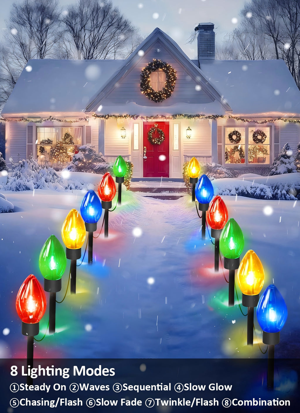 PMMIPNW Upgrade Christmas Pathway C9 String Lights Outdoor, 25 Ft with 12 Large Bulbs Stakes, Waterproof for Xmas Party Holiday Commercial Outdoor Decoration