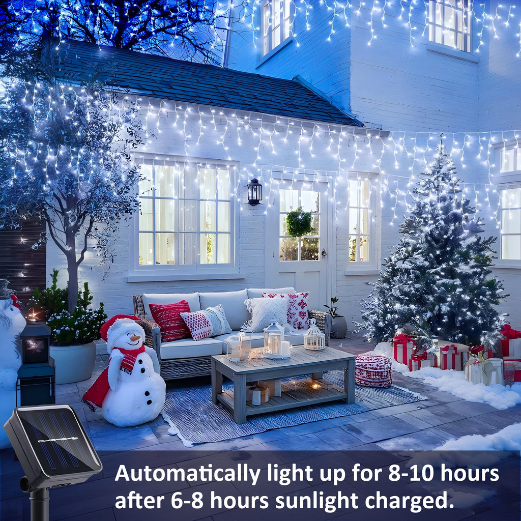 AVOXEZOR 25FT Christmas Light 96LED, Solar Icicle Lights for Outside, Curtain Icicle Lights, Christmas String Lights for House Yard Garden Xmas Decor, White, 2Pack