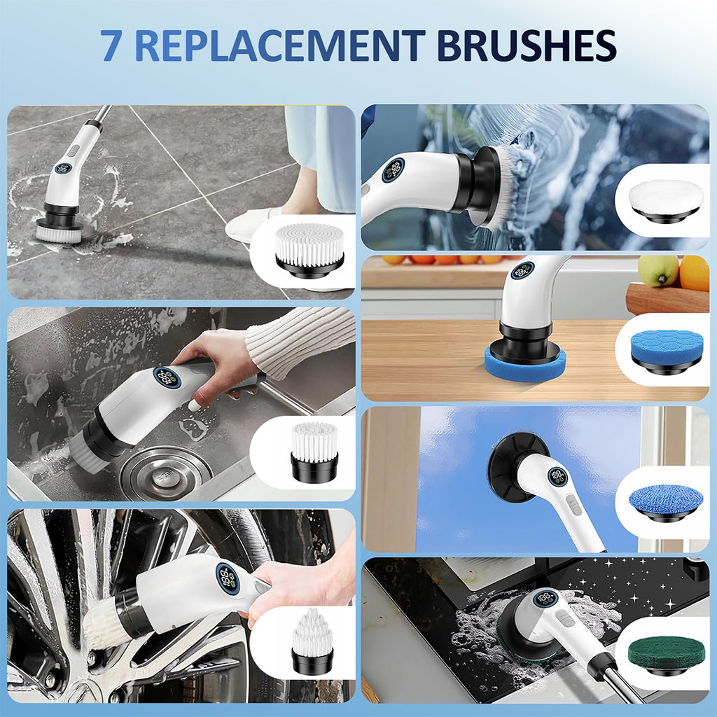 AVOXEZOR Electric Spin Scrubber, Cordless 2-Speed Cleaning Brush with Adjustable Extension Handle, 7 Replaceable Brush Heads, Black, New