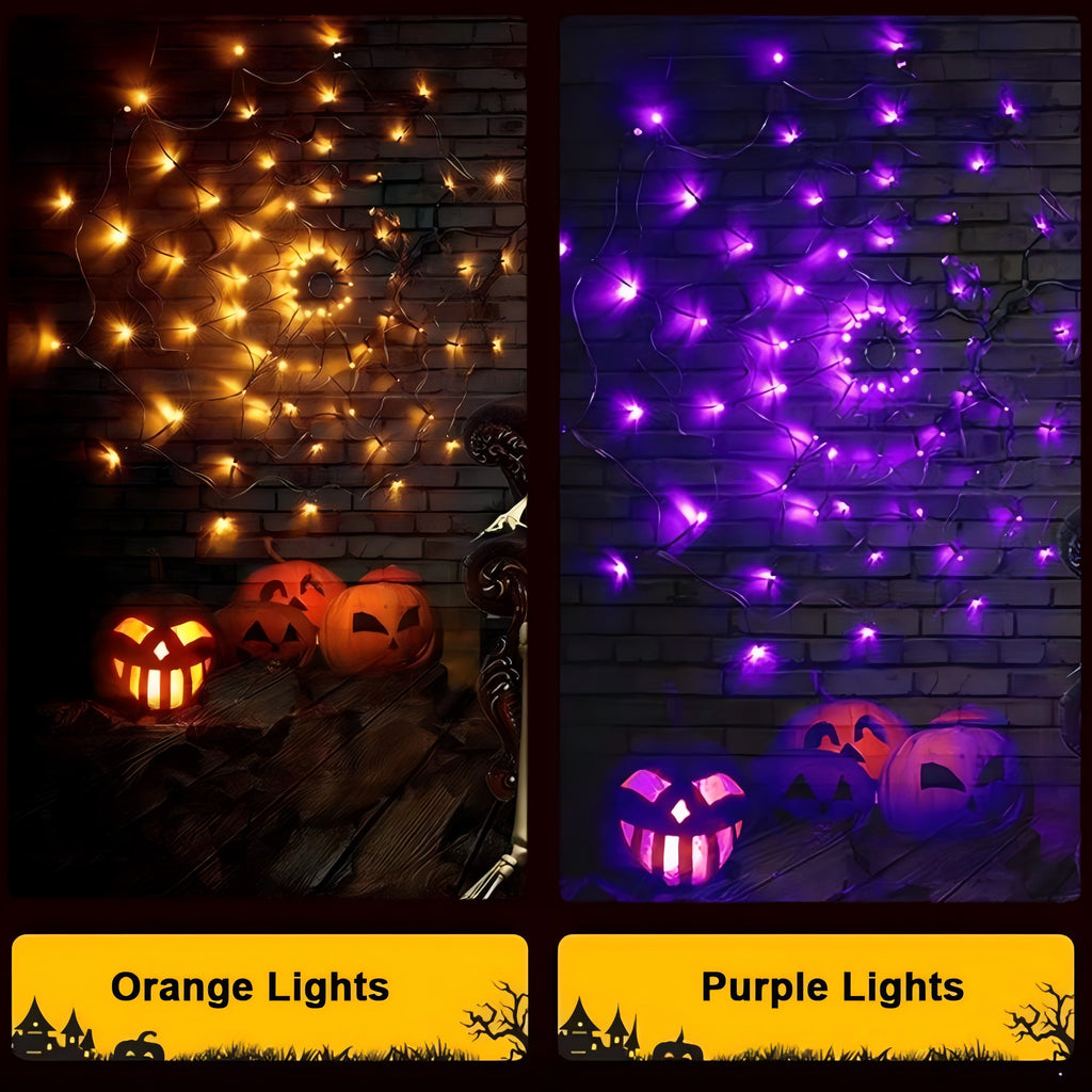 PMMIPNW Halloween Light Spider Web Lights 70 LED, Halloween String Lights Battery Operated with 8 Modes, Retro Haunted for Bedroom, Bar, Haunted House, Wall Halloween Decoration, Orange