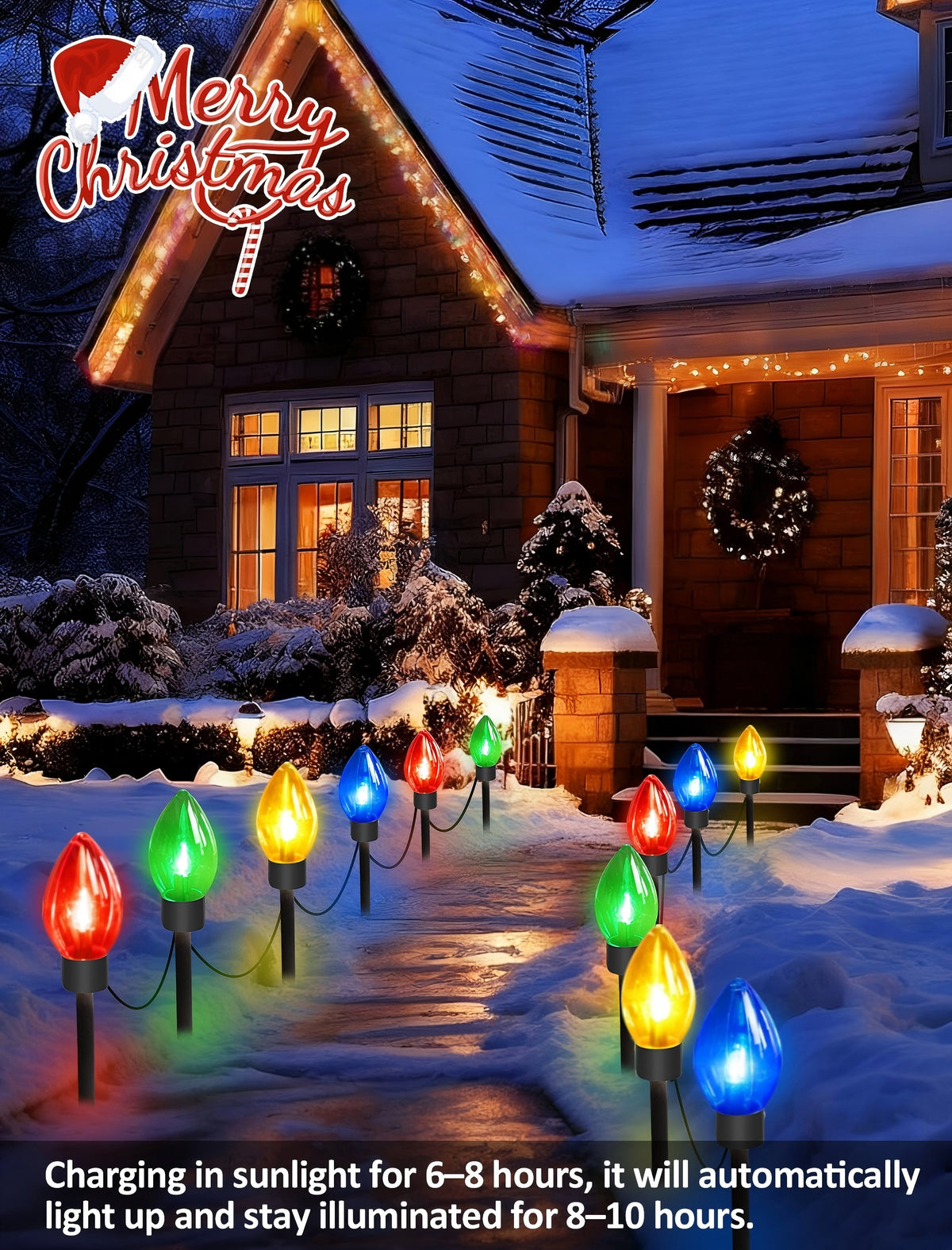 PMMIPNW Upgrade Christmas Pathway C9 String Lights Outdoor, 25 Ft with 12 Large Bulbs Stakes, Waterproof for Xmas Party Holiday Commercial Outdoor Decoration