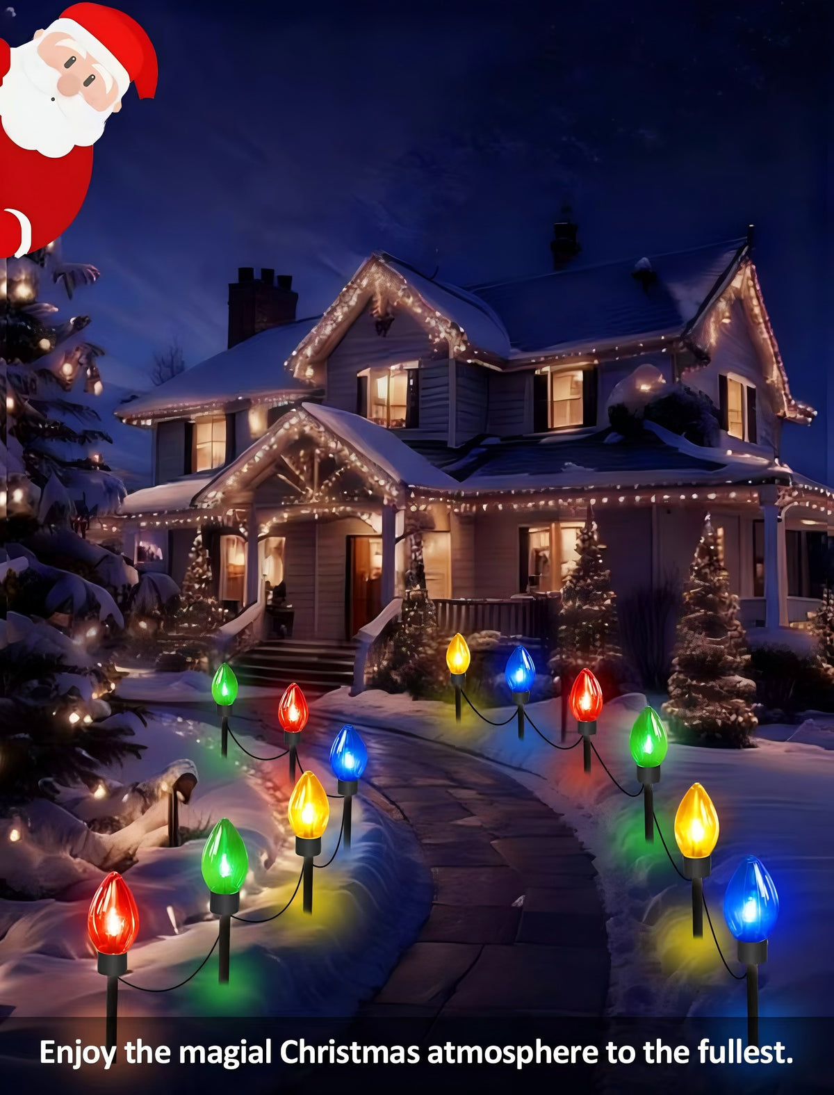 PMMIPNW Upgrade Christmas Pathway C9 String Lights Outdoor, 25 Ft with 12 Large Bulbs Stakes, Waterproof for Xmas Party Holiday Commercial Outdoor Decoration