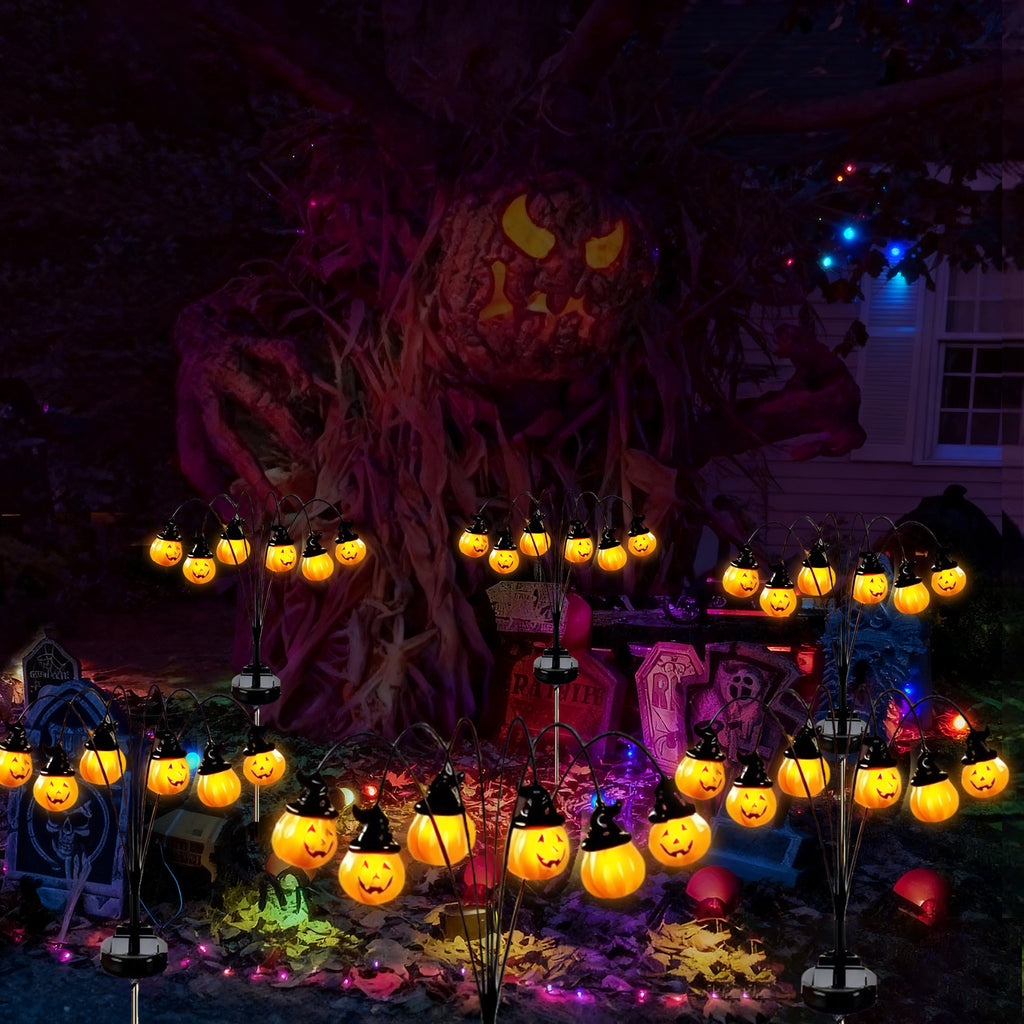 PMMIPNW Halloween Solar Light 2 Pack, Pumpkin Stake Lights Orange Jack-O-Lantern Solar Decorative Pathway Lights 2 Modes For Garden Lawn Yard Patio
