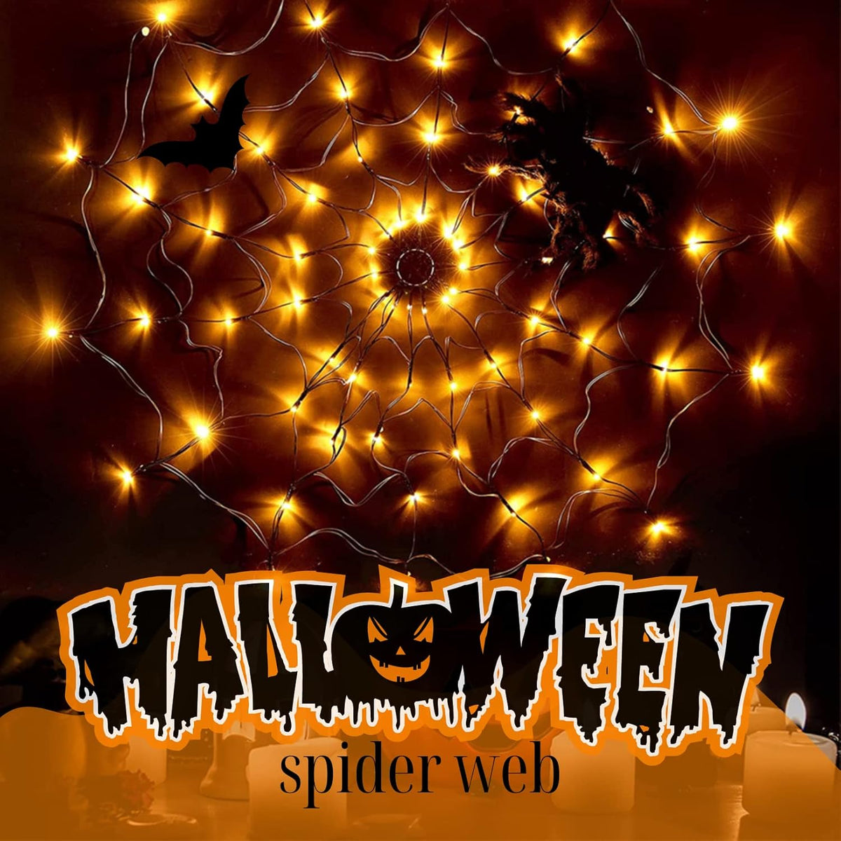 PMMIPNW Halloween Light Spider Web Lights 70 LED, Halloween String Lights Battery Operated with 8 Modes, Retro Haunted for Bedroom, Bar, Haunted House, Wall Halloween Decoration, Orange