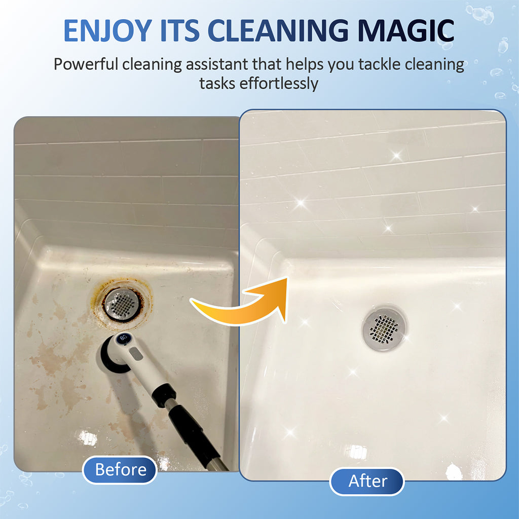 AVOXEZOR Electric Spin Scrubber, Cordless 2-Speed Cleaning Brush with Adjustable Extension Handle, 7 Replaceable Brush Heads, Black, New