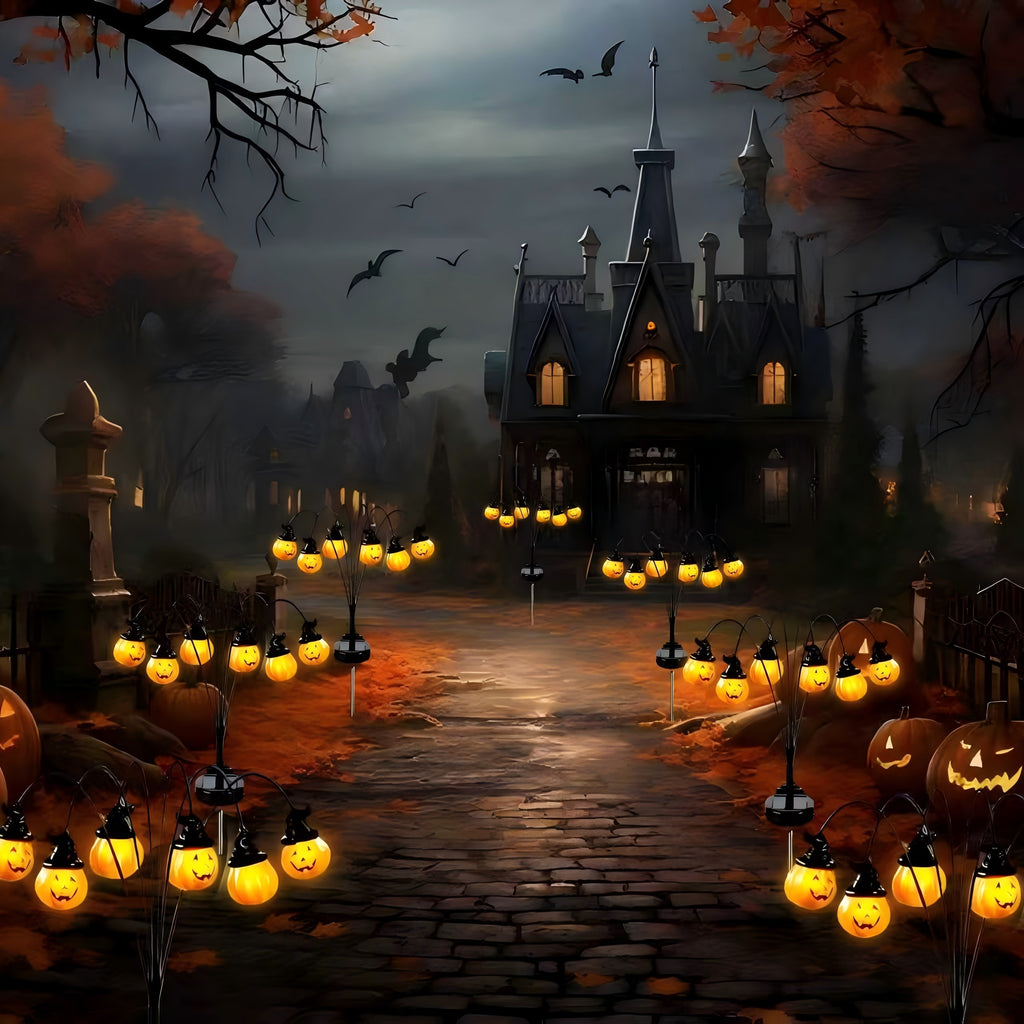 PMMIPNW Halloween Solar Light 2 Pack, Pumpkin Stake Lights Orange Jack-O-Lantern Solar Decorative Pathway Lights 2 Modes For Garden Lawn Yard Patio