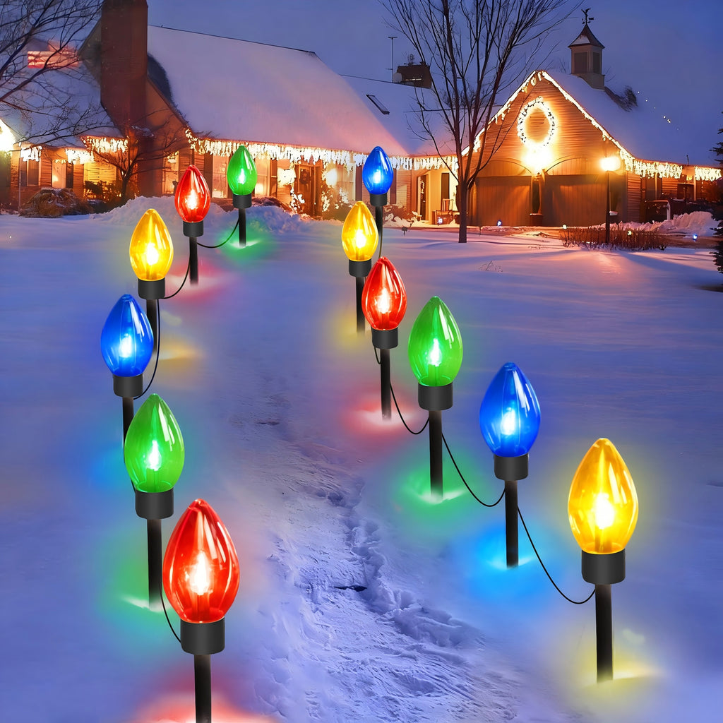 PMMIPNW Upgrade Christmas Pathway C9 String Lights Outdoor, 25 Ft with 12 Large Bulbs Stakes, Waterproof for Xmas Party Holiday Commercial Outdoor Decoration