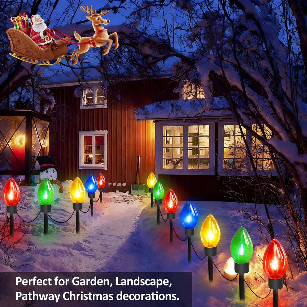 AVOXEZOR Christmas Light, C9 Solar Outdoor Christmas Decoration Lights 12LED with Big Bulbs, Waterproof Christmas String Light Ground Plug Lights for Patio Garden Lawn, 2Pack