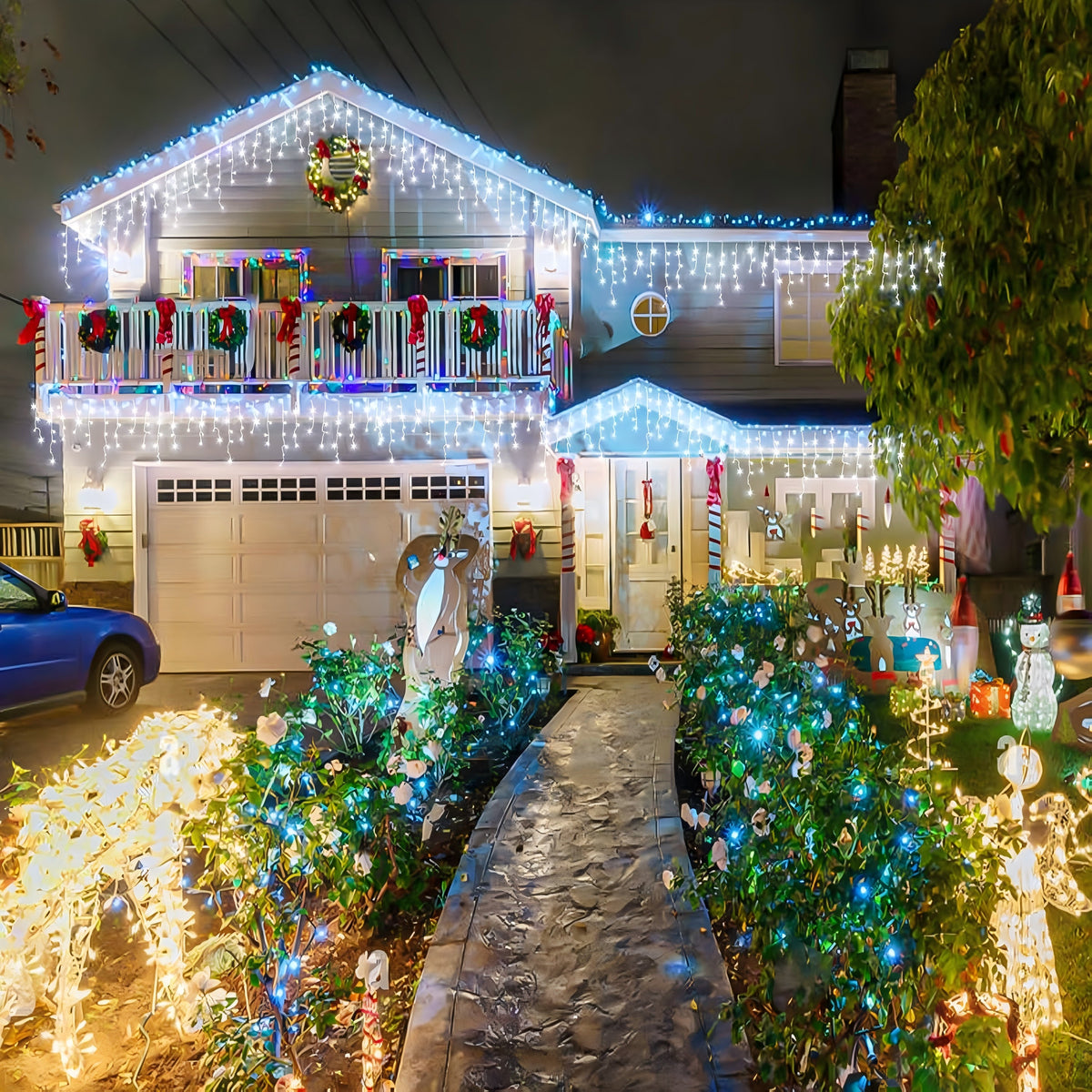 AVOXEZOR 25FT Christmas Light 96LED, Solar Icicle Lights for Outside, Curtain Icicle Lights, Christmas String Lights for House Yard Garden Xmas Decor, White, 2Pack